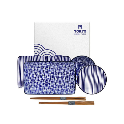 Nippon Blue Sushi-Teller Geschenkset (Linien/Punkte) 4 Teile